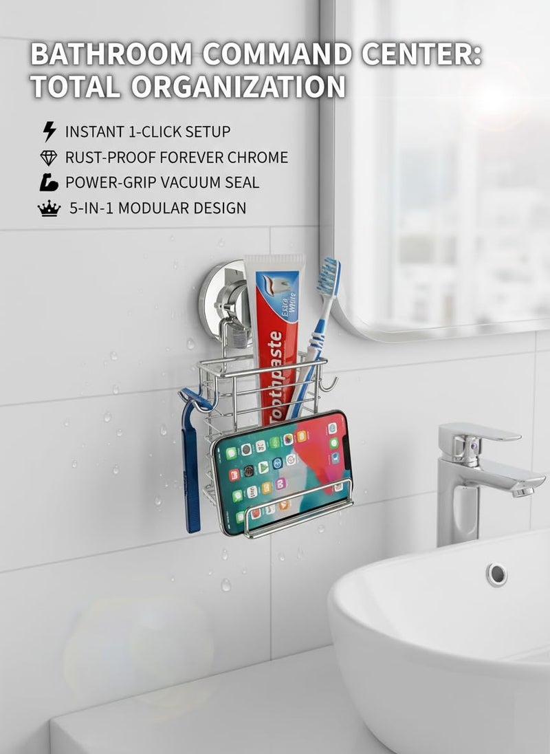 Bathika Toothbrush Holder Suction Cup Wall Mounted Toothpaste and Toothbrushes Holder Shelf for Soap Dish or Phone Powerful Vacuum System Rustproof Stainless Steel Organizer Electric Toothbrush (Silver) - Image 2
